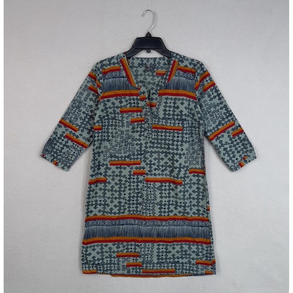 Gramicci Dresses & Skirts - Gramicci Dress Womens Small Green Geometric Henley 3/4 Sleeve Boho Tribal Cotton